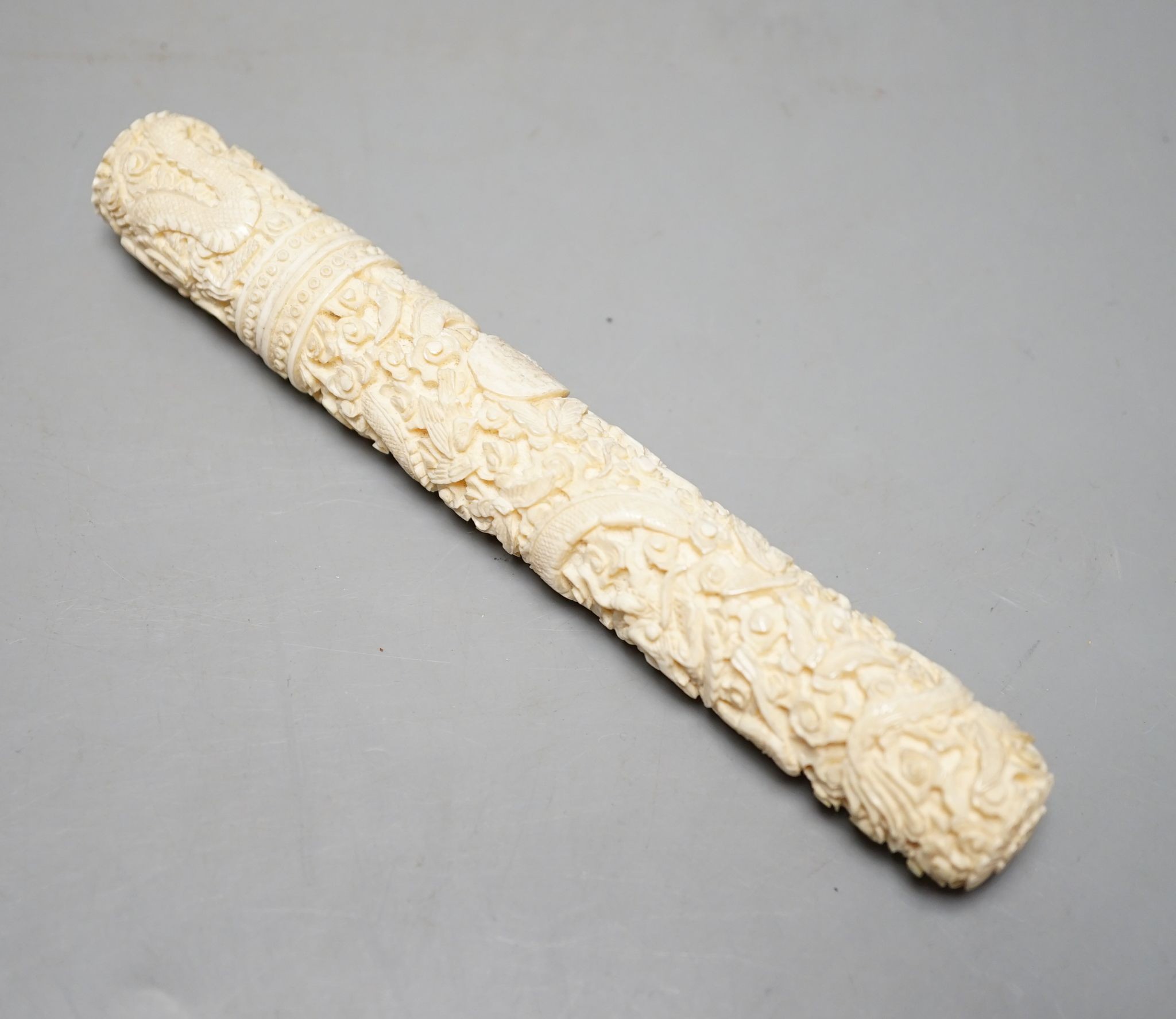 A Chinese export ivory needle case., 16 cms long.